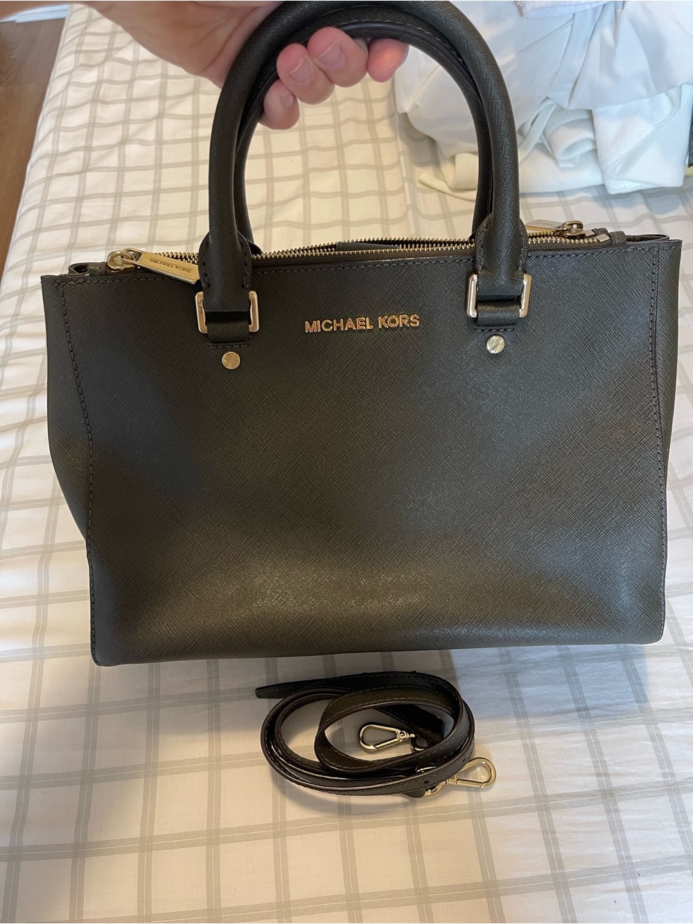 Michael Kors Green Saffiano Satchel with Gold Hardware